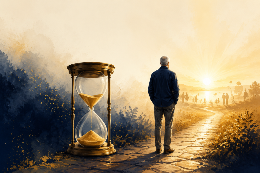 An hourglass and a man walking toward sunrise, symbolizing time and new beginnings.