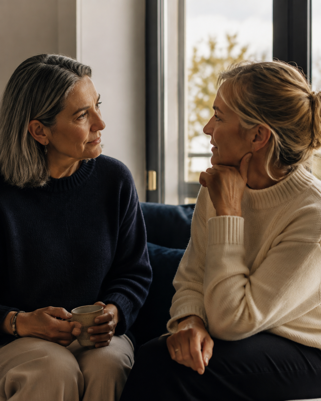 Two friends in a thoughtful conversation