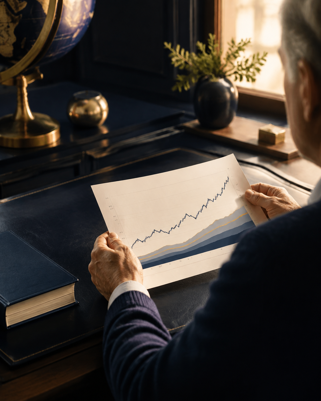 An investor studying a rising market chart